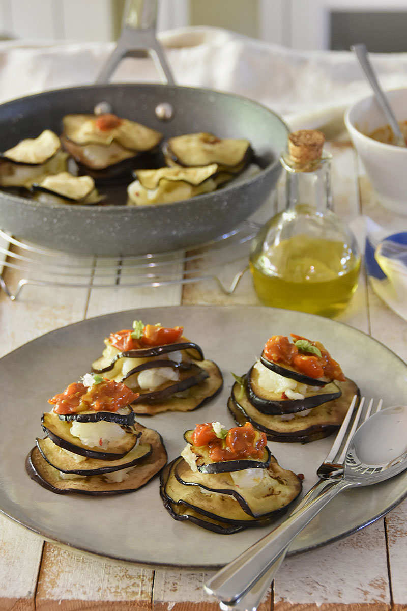 Eggplant stacks with cod