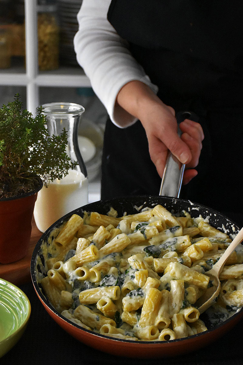 Pasta mit Käsesauce und Spinat