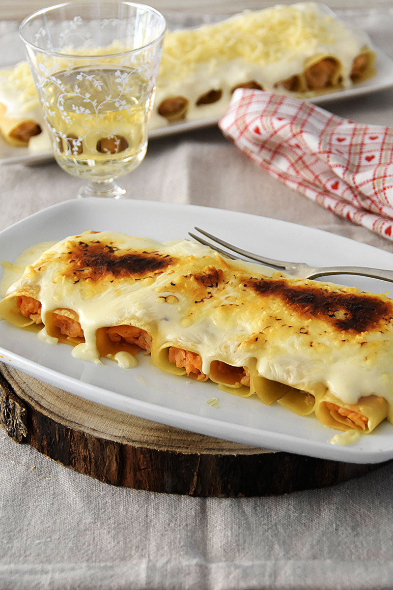 Cannelloni di merluzzo e gamberi