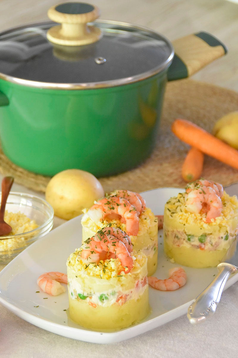 Potato timbal with prawns
