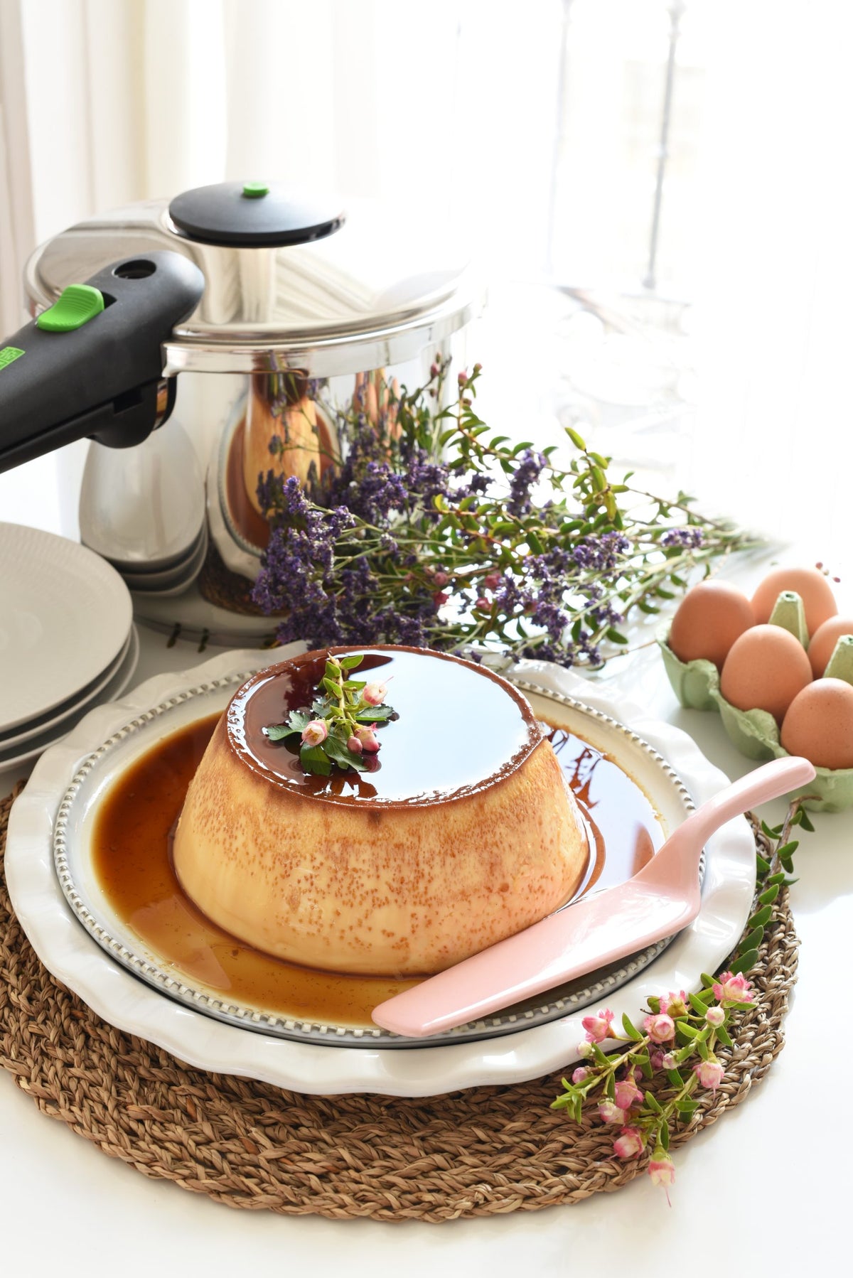 Homemade egg flan in a pressure cooker.