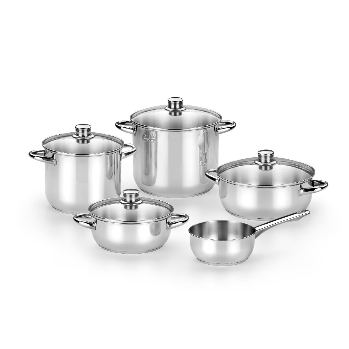 Batería de acero inoxidable sin antiadherente 9 Piezas con tapas de cristal Optima